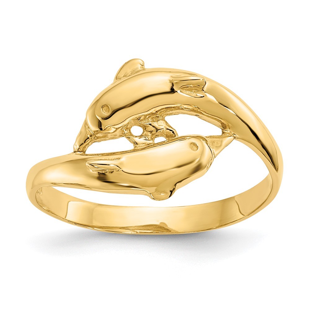 14k Yellow Gold Double Dolphins Ring, Size 6.5